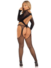 2 Pc Fishnet Suspender Bodystocking and Opaque Teddy Lingerie Bodystocking