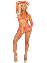 3 Pc Zig Zag Net Bikini Set with Boyshorts and Shrug Multicolor Panties