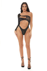 Black One Shoulder Teddy Lingerie Stretch Nylon Spandex OS Teddies