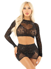 Black Rhinestone Lace Crop Top and Heart Keyhole Mini Skirt Lingerie Sets