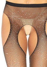 Casey Rhinestone Fishnet Suspender Pantyhose Black One Size Hosiery