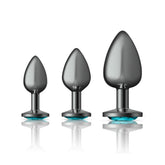 Cheeky Charms Round Metal Butt Plug Gunmetal Three Piece Kit with Teal Jewel > Anal Range > Butt Plug Kits