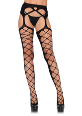 Diamond Net Opaque Stockings with Attached Garter Belt Black Hosiery