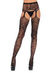 Floral Lace Stockings with Waist Garterbelt Black – One Size Lingerie Hosiery