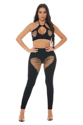 Heart Rate Halter Bra and Legging Set Black Nylon Spandex Lingerie Sets