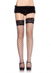 Leg Avenue Black Lace Top Fishnet Thigh High Stockings One Size Hosiery
