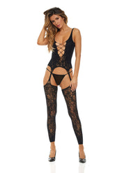 Never Settle Black Lace Bodystocking One Size Crotchless Lingerie Bodystockings