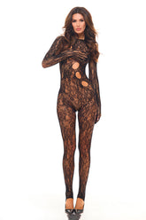 Rene Rofe Split Up Lace Bodystocking Black One Size Lingerie Bodystocking