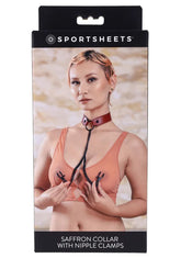 Saffron Bondage Collar With Nipple Clamps in Black and Red Nipple Clamps
