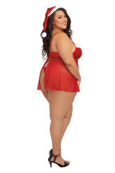 Santa Babydoll Lingerie Set With Thong And Hat In Red 2X Costumes