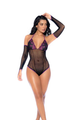 Whispered Lace Fishnet Bodysuit One Size Black Purple Lingerie Bodystocking