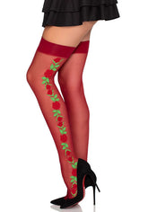 Spandex Thigh Highs With Roses (Burgundy) – Stretch Lingerie Burgundy Hosiery