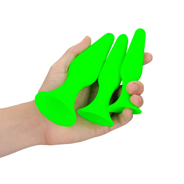 Ouch! Glow in The Dark 3 Piece Silicone Anal Plug Set - Neon Green