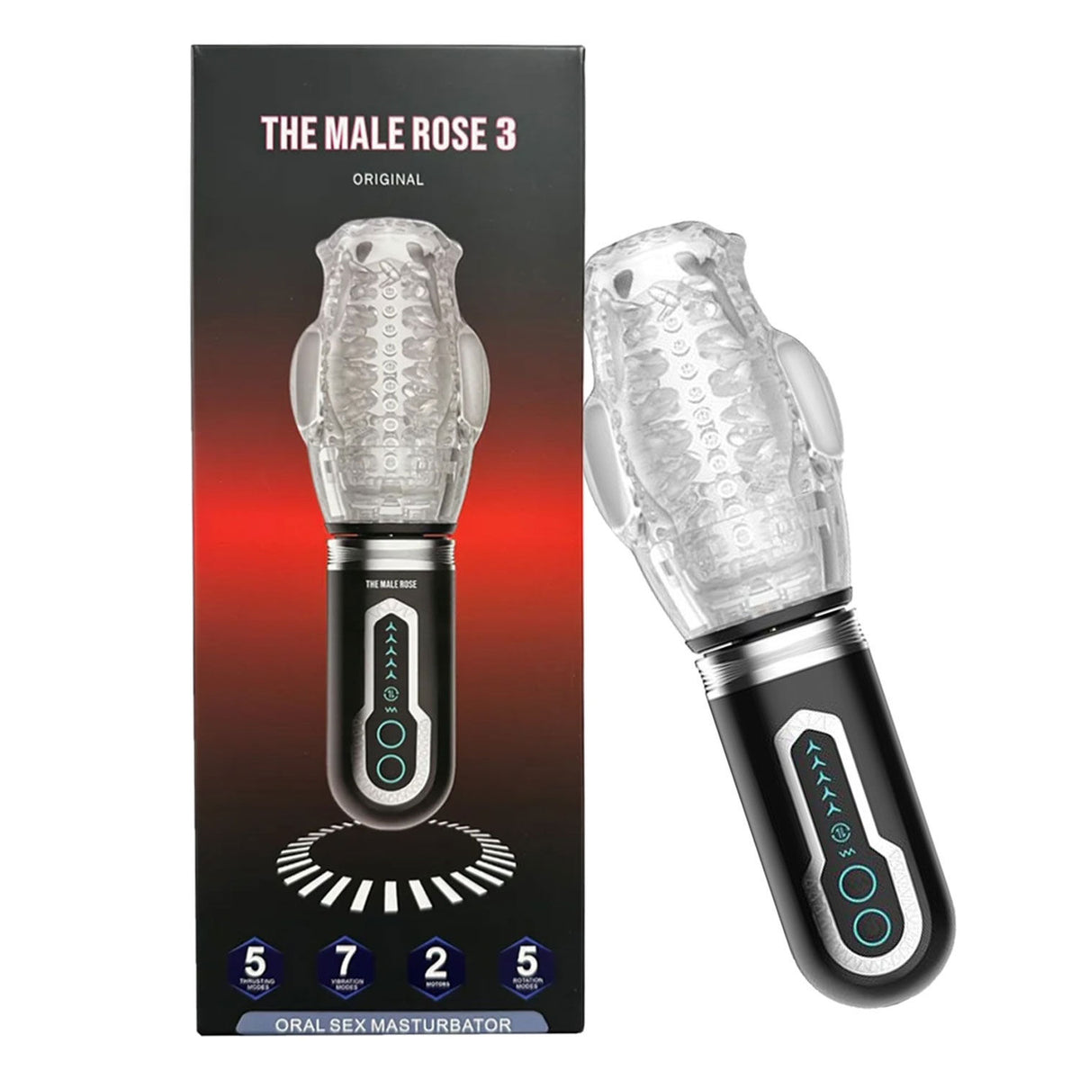 Male Rose 3-in-1 Vibrating Thrusting Rotating Penis Masturbator Clear Strokers - Auto