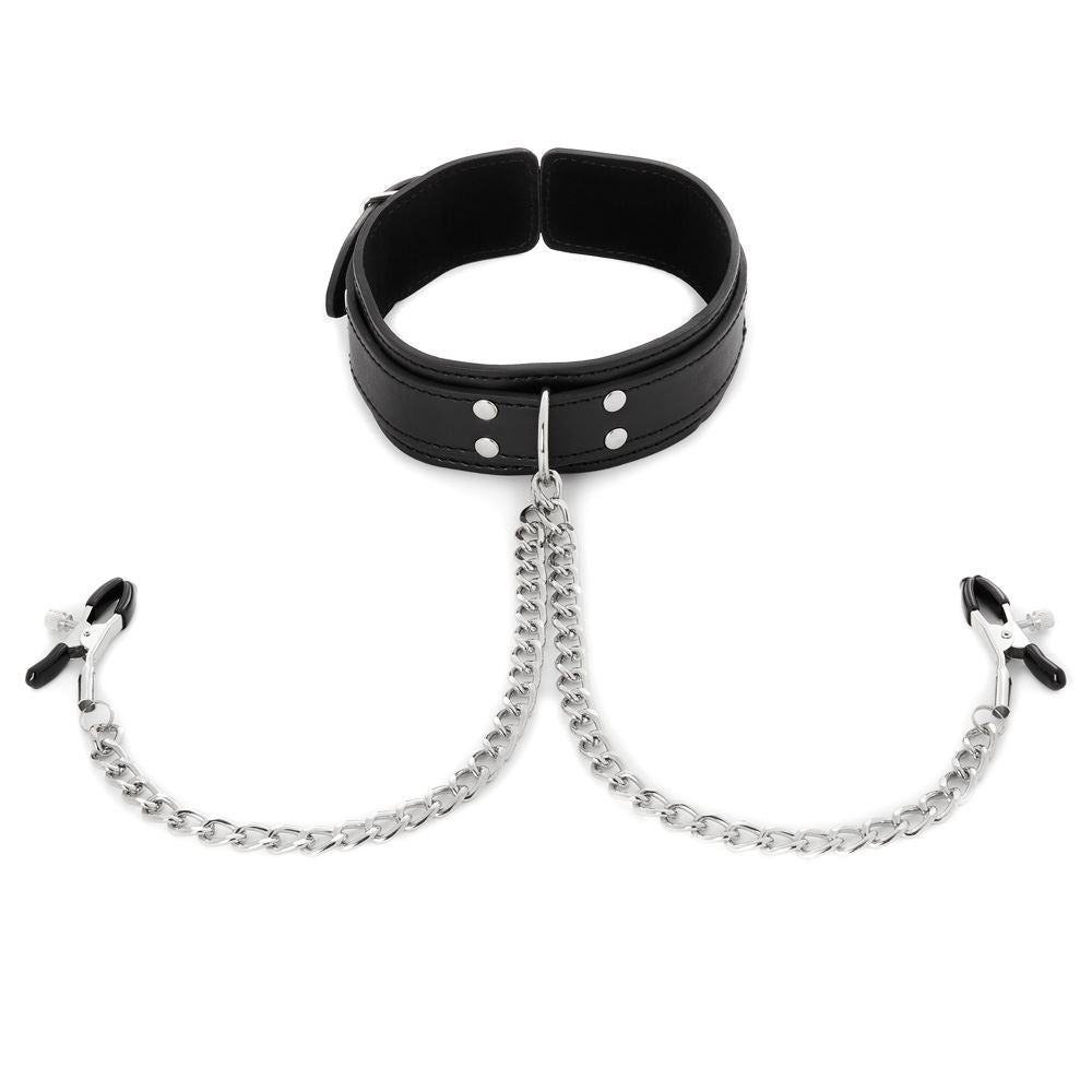 Vegan Leather Collar with Adjustable Nipple Clamps – Soft Vegan Leather Adjustable Collar with Clamps > Sex Toys > Nipple Clamps