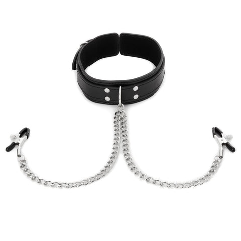 Vegan Leather Collar with Adjustable Nipple Clamps – Soft Vegan Leather Adjustable Collar with Clamps > Sex Toys > Nipple Clamps