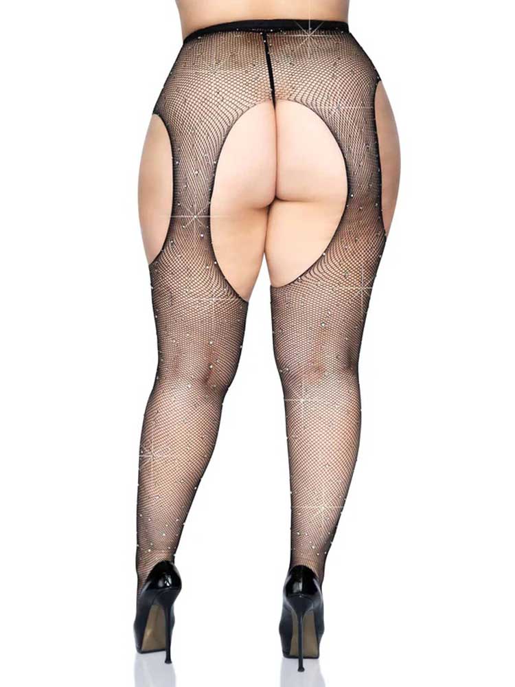 Leg Avenue Casey Rhinestone Fishnet Suspender Pantyhose Black – Luxe Lingerie Accessories Black Hosiery