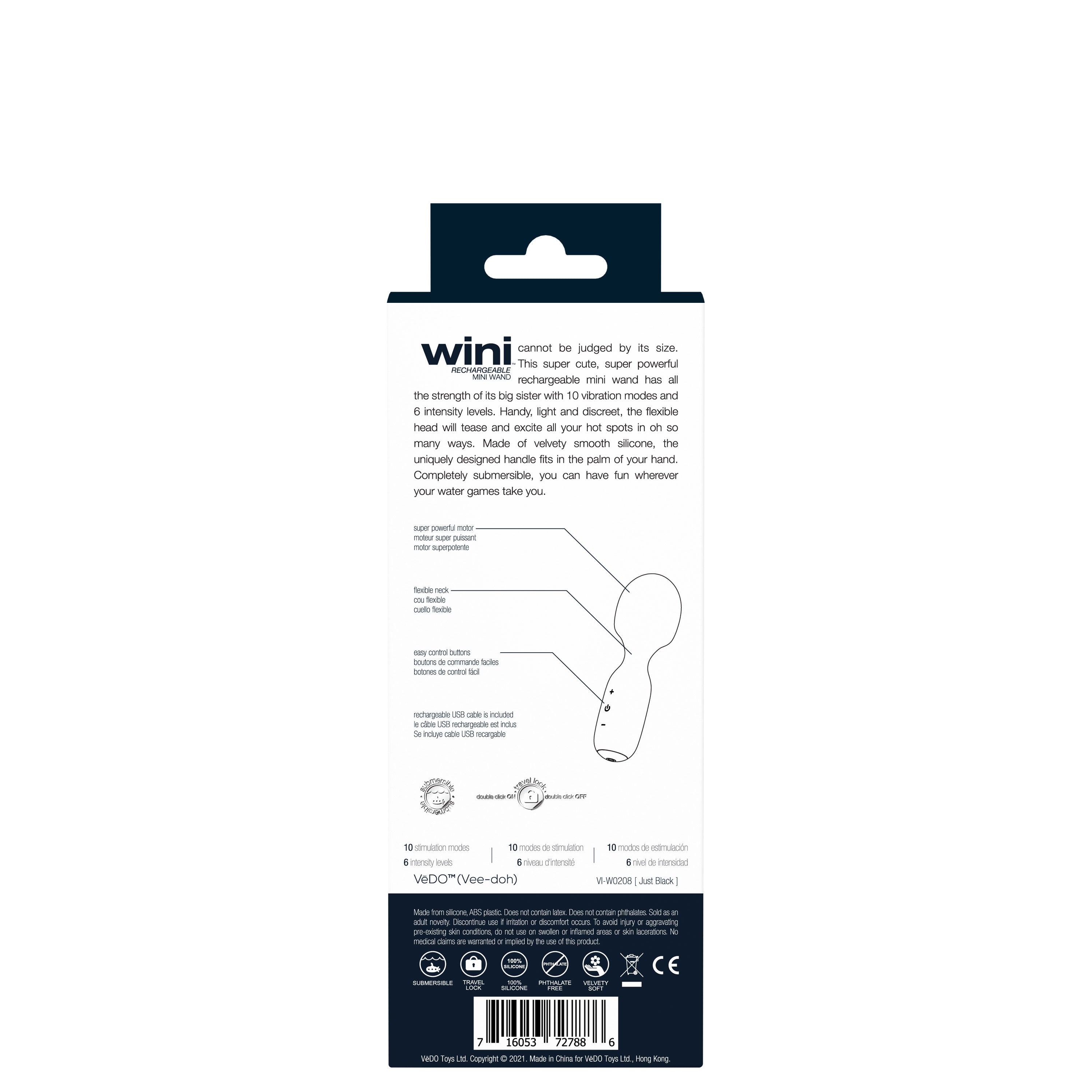 Wini Rechargeable Mini Wand Massager Black with 10 Vibrations Electric Massager