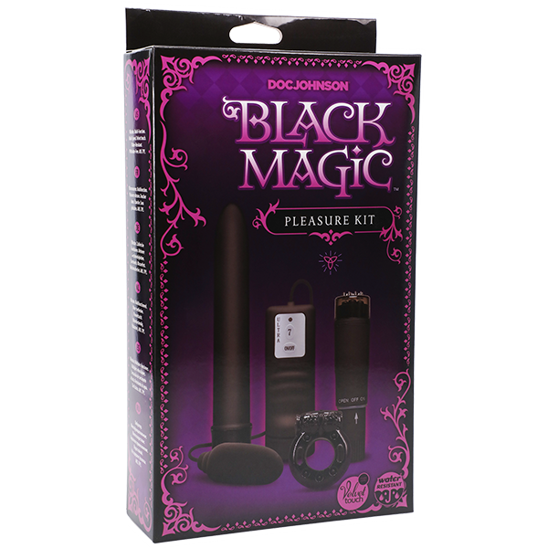 Black Magic Pleasure Kit With 7-Inch Velvet-Touch Vibe, Pocket Rocket, Bullet Vibe, and Vibrating C-Ring Black Cock Rings Vibrating