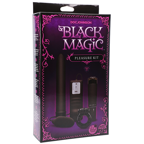 Black Magic Pleasure Kit With 7-Inch Velvet-Touch Vibe, Pocket Rocket, Bullet Vibe, and Vibrating C-Ring Black Cock Rings Vibrating