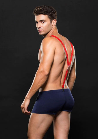 Fireman Bottom With Suspenders Sexy Navy Blue Red Costume Mens Costumes