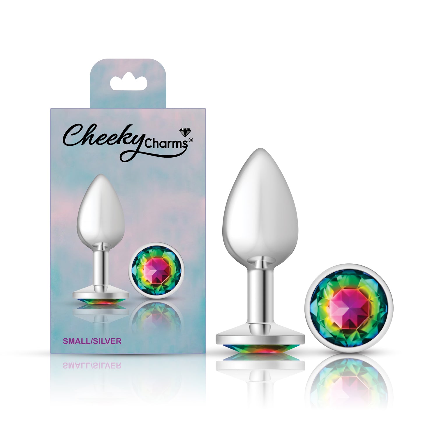Cheeky Charms Silver Round Butt Plug with Rainbow Jewel Small > Anal Range > Jewel Butt Plugs