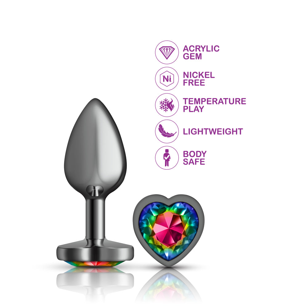 Cheeky Charms Gunmetal Butt Plug with Heart Rainbow Jewel Large (9.12cm) > Anal Range > Jewel Butt Plugs