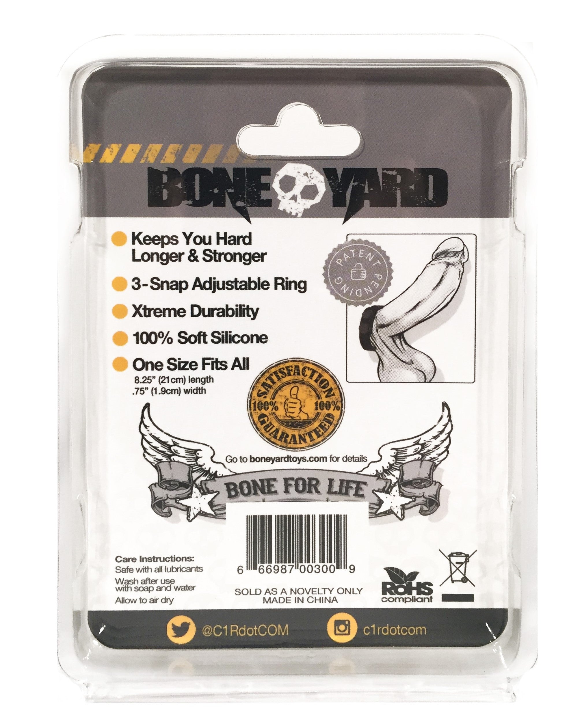 Boneyard Silicone Cock Strap - 3 Snap Ring - Black 8.25 Inch Cockrings