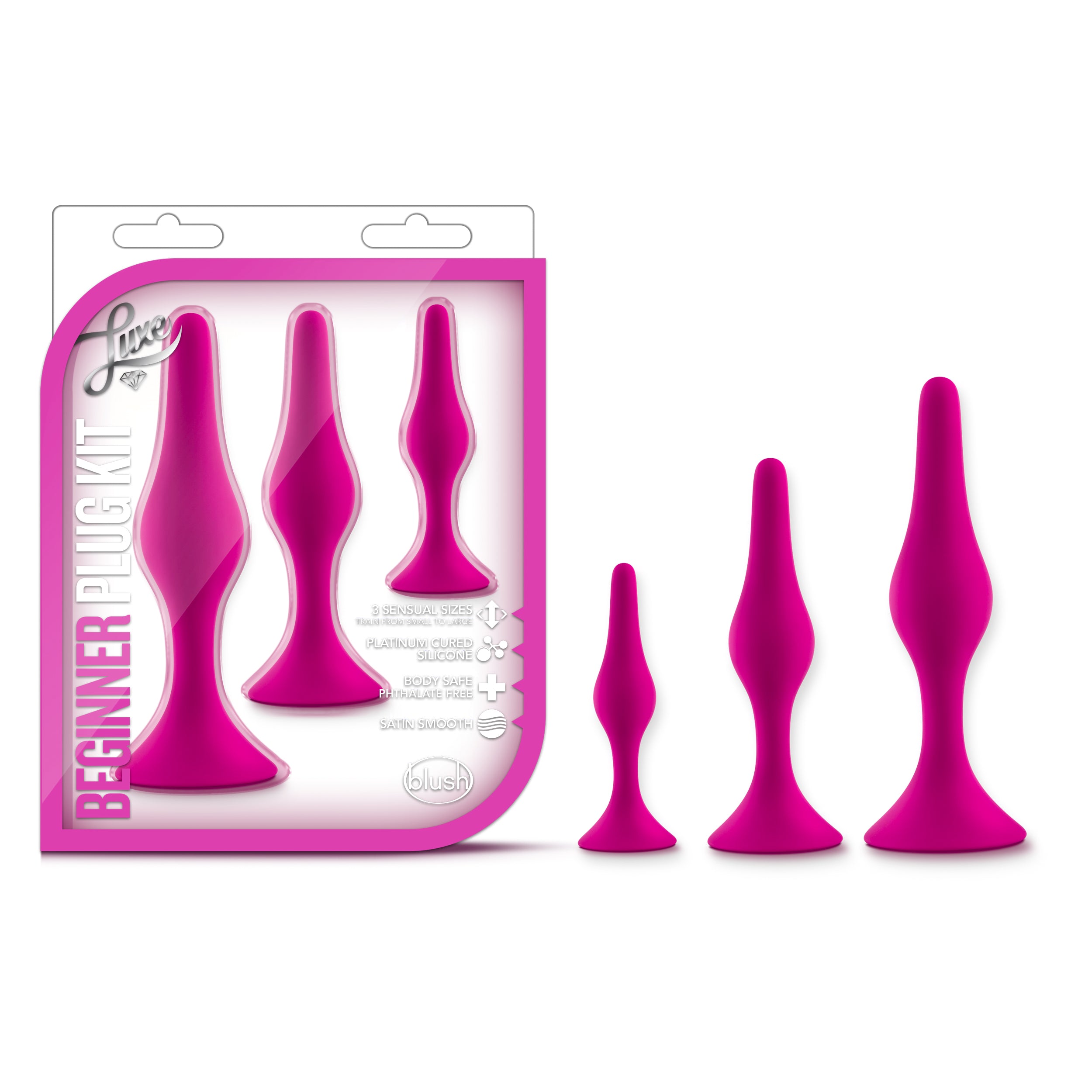 Luxe Beginner Plug Kit Pink with 3 Graduated Sizes for Safe and Gentle Booty Play > Anal Range > Butt Plug Kits