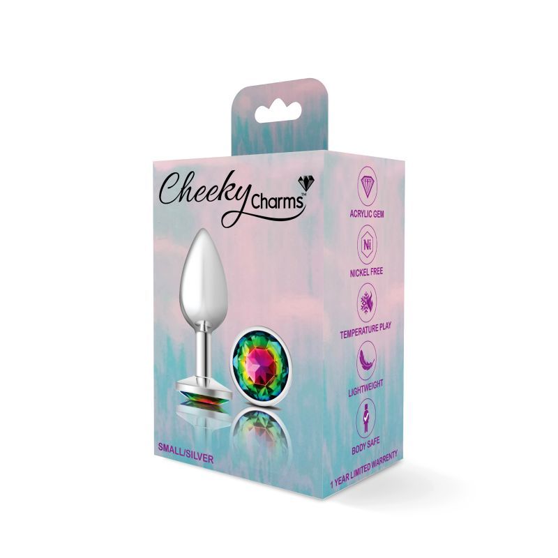 Cheeky Charms Silver Round Butt Plug with Rainbow Jewel Small > Anal Range > Jewel Butt Plugs
