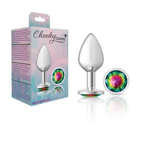 Cheeky Charms Silver Round Butt Plug with Rainbow Jewel Medium > Anal Range > Jewel Butt Plugs