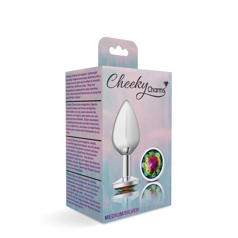 Cheeky Charms Silver Round Butt Plug with Rainbow Jewel Medium > Anal Range > Jewel Butt Plugs
