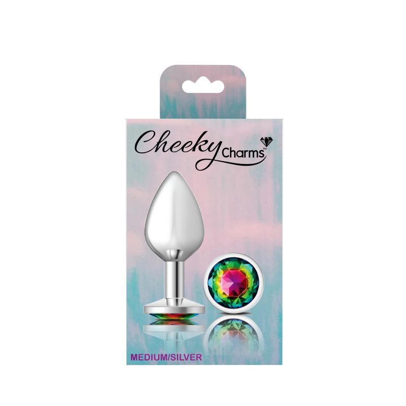 Cheeky Charms Silver Round Butt Plug with Rainbow Jewel Medium > Anal Range > Jewel Butt Plugs
