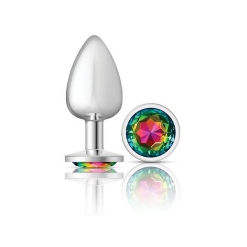 Cheeky Charms Silver Round Butt Plug with Rainbow Jewel Large Multi Butt Plugs