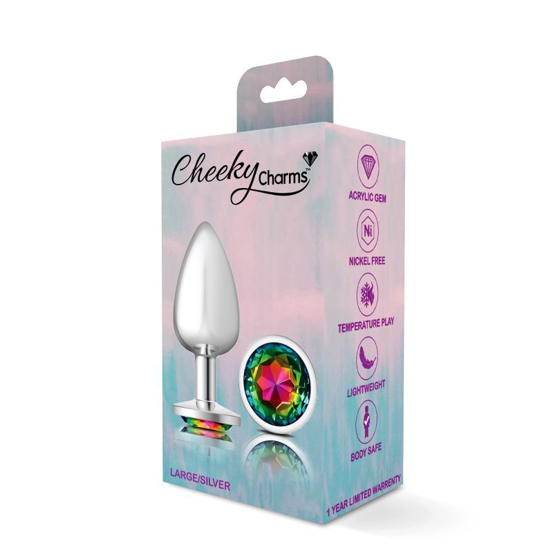 Cheeky Charms Silver Round Butt Plug with Rainbow Jewel Large Butt Plugs