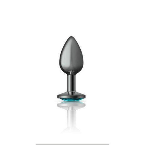 Cheeky Charms Gunmetal Round Butt Plug With Teal Jewel Small > Anal Range > Jewel Butt Plugs
