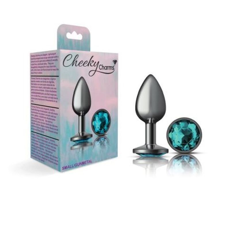 Cheeky Charms Gunmetal Round Butt Plug With Teal Jewel Small > Anal Range > Jewel Butt Plugs