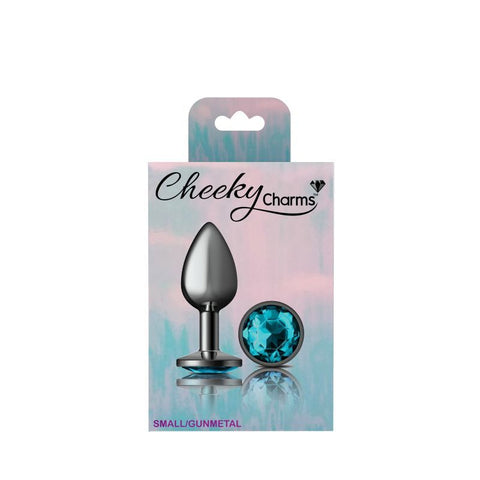 Cheeky Charms Gunmetal Round Butt Plug With Teal Jewel Small > Anal Range > Jewel Butt Plugs