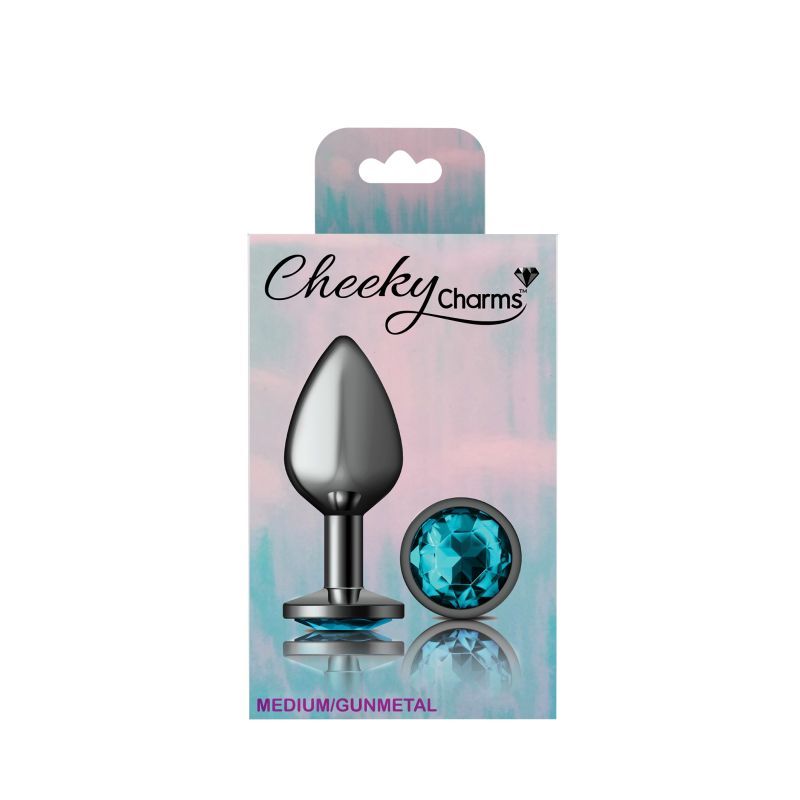 Cheeky Charms Gunmetal Round Butt Plug with Teal Jewel Medium > Anal Range > Jewel Butt Plugs