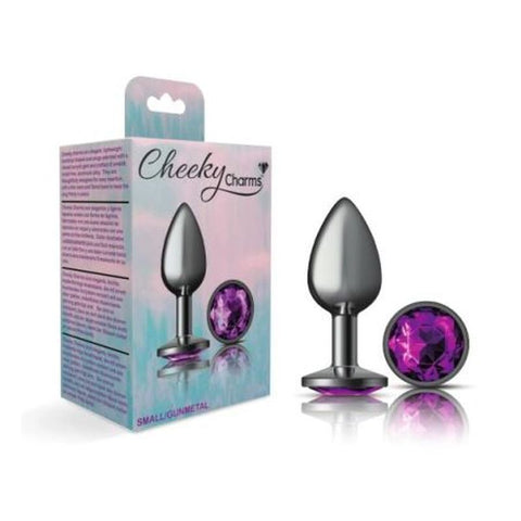 Cheeky Charms Gunmetal Round Butt Plug with Purple Jewel Small > Anal Range > Jewel Butt Plugs