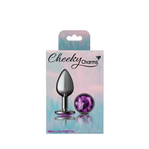 Cheeky Charms Gunmetal Round Butt Plug with Purple Jewel Small > Anal Range > Jewel Butt Plugs