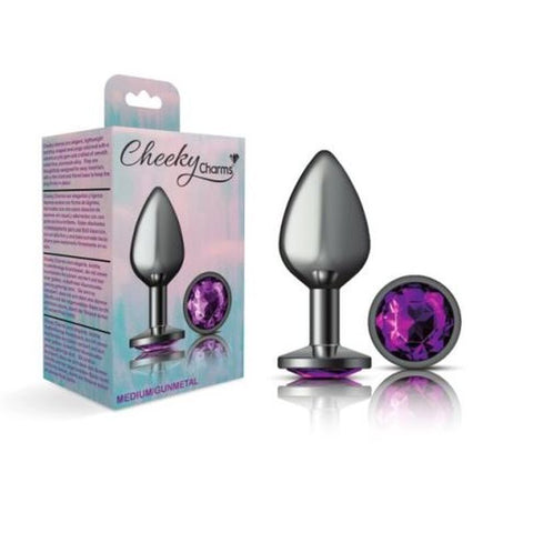 Cheeky Charms Gunmetal Round Butt Plug with Purple Jewel Medium > Anal Range > Jewel Butt Plugs