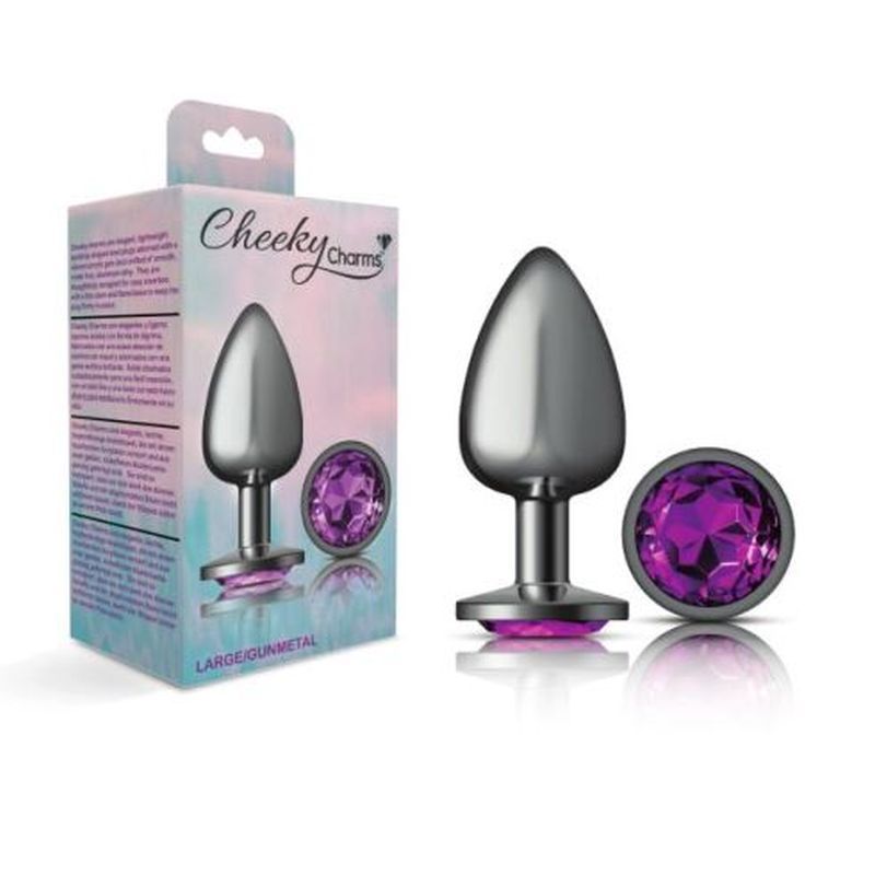 Cheeky Charms Gunmetal Round Butt Plug with Purple Jewel Large > Anal Range > Jewel Butt Plugs