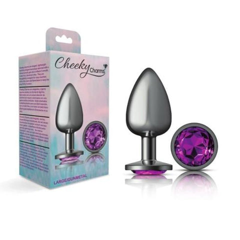 Cheeky Charms Gunmetal Round Butt Plug with Purple Jewel Large > Anal Range > Jewel Butt Plugs