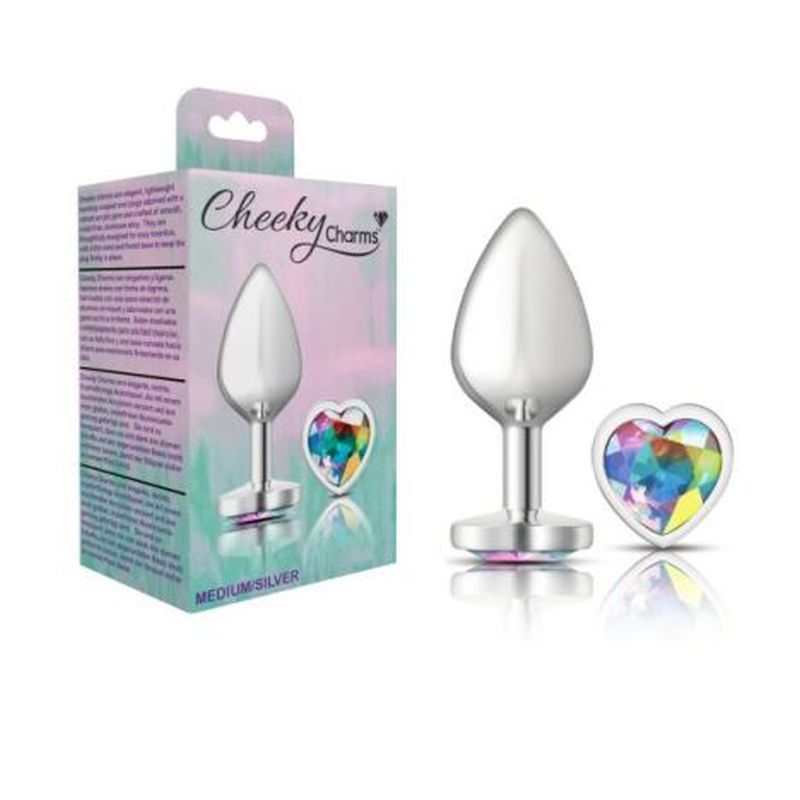Cheeky Charms Silver Metal Butt Plug with Heart Clear Jewel Medium > Anal Range > Jewel Butt Plugs