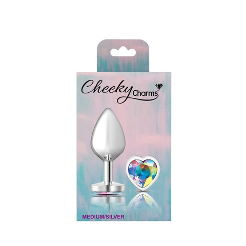 Cheeky Charms Silver Metal Butt Plug with Heart Clear Jewel Medium > Anal Range > Jewel Butt Plugs