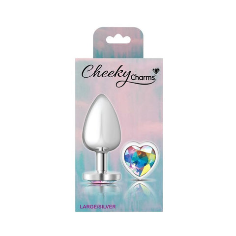 Cheeky Charms Silver Metal Butt Plug with Heart Clear Jewel Large > Anal Range > Jewel Butt Plugs