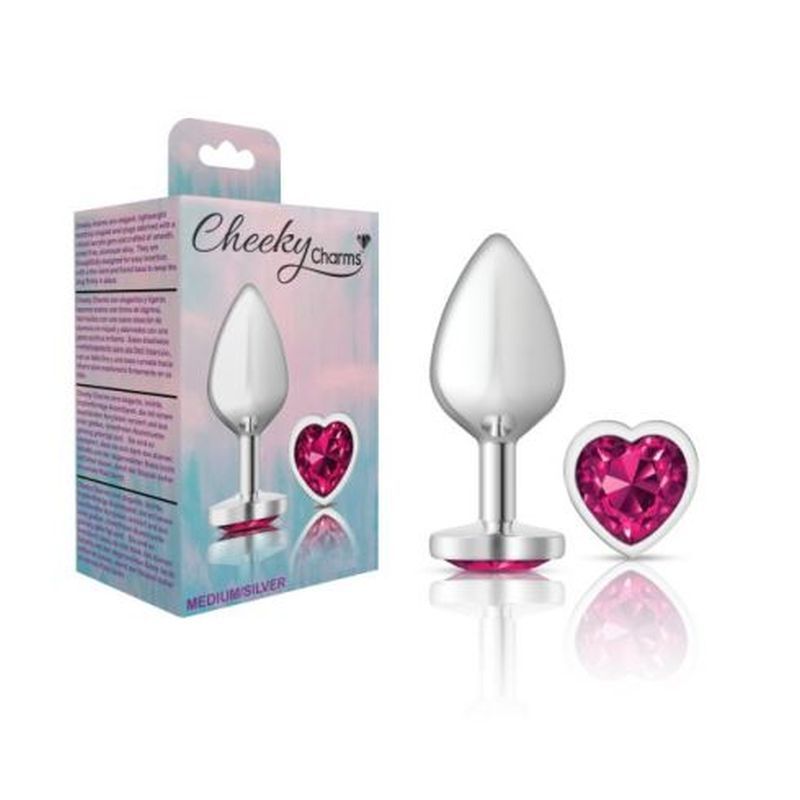 Cheeky Charms Silver Metal Butt Plug with Heart Pink Jewel Medium (8.03cm) > Anal Range > Jewel Butt Plugs
