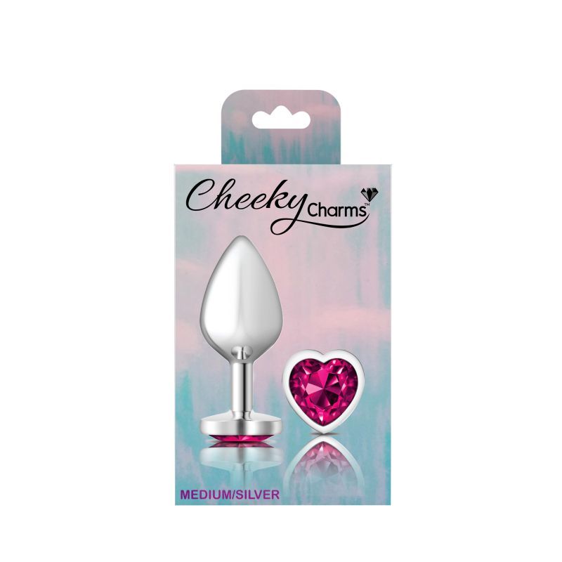 Cheeky Charms Silver Metal Butt Plug with Heart Pink Jewel Medium (8.03cm) > Anal Range > Jewel Butt Plugs