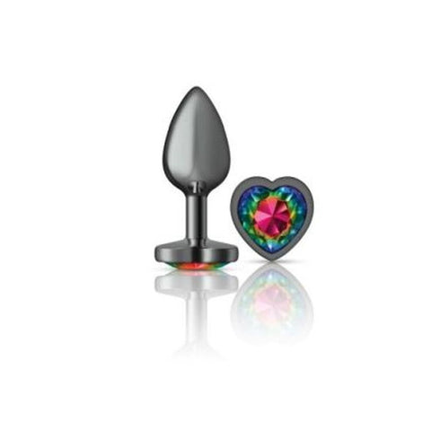 Cheeky Charms Gunmetal Butt Plug with Heart Rainbow Jewel Small > Anal Range > Jewel Butt Plugs